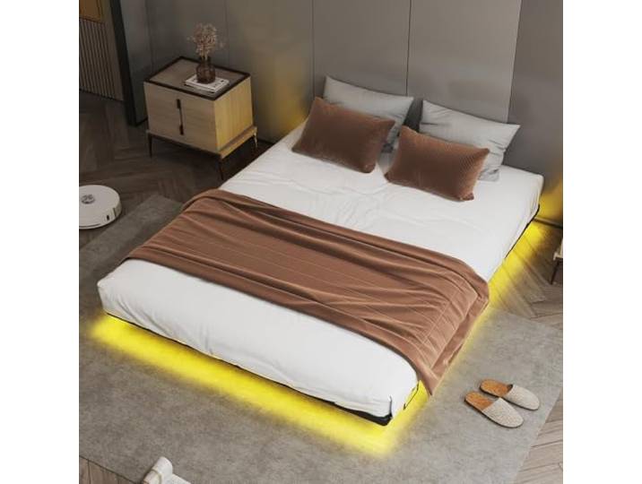 COMHOMA Bettrahmen 140x200 Metallbett Gästebett Bettgestell aus Metall, mit LED & Steckdosen, Jugendbett, App & Fernbedienung, stabile Konstruktion mit Lattenrost