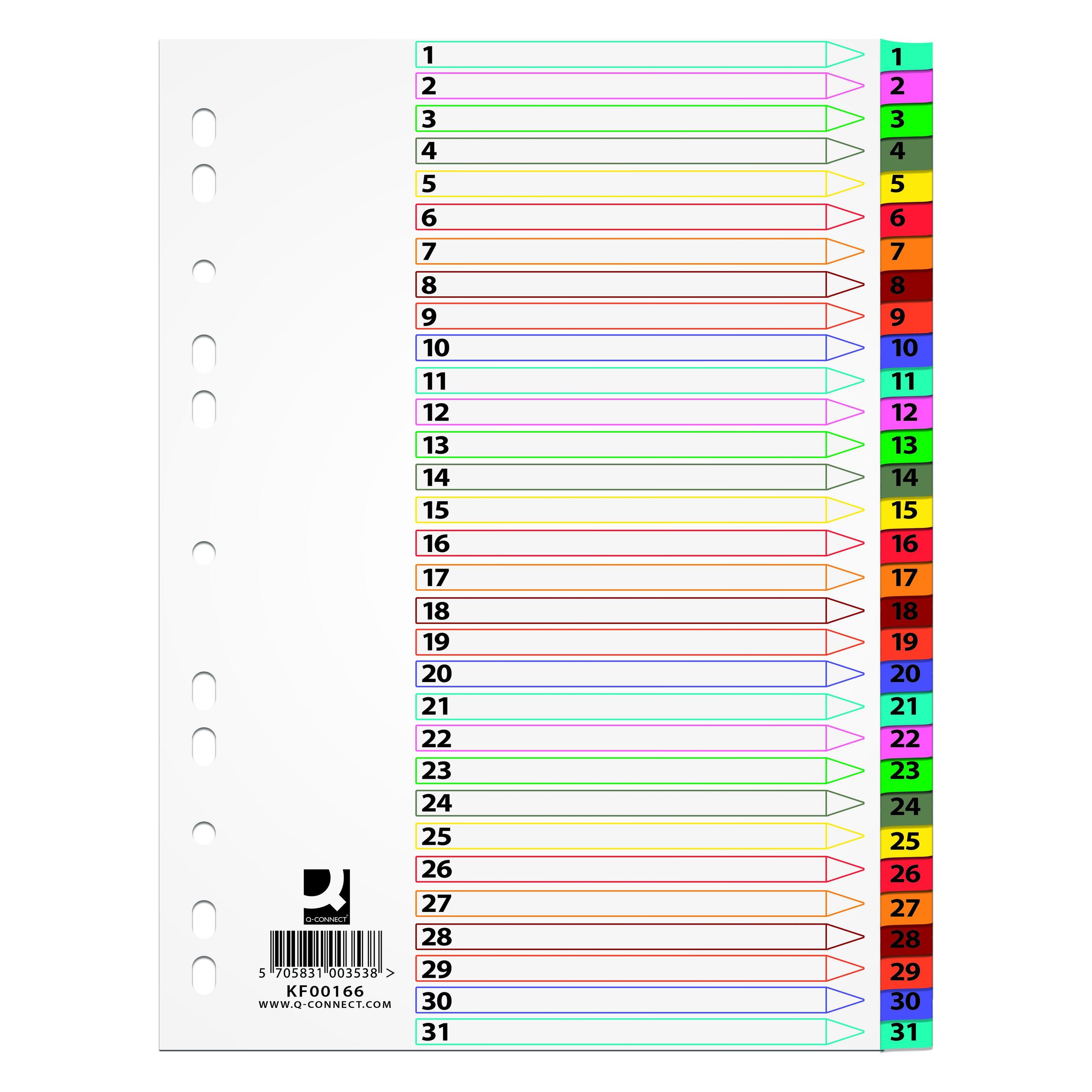 Q-Connect Mylar-Trennblätter, Karton, A4, 225 x 297 mm, 1-31, 31 Karten, laminiert. Index, Farbmischung (41946987)