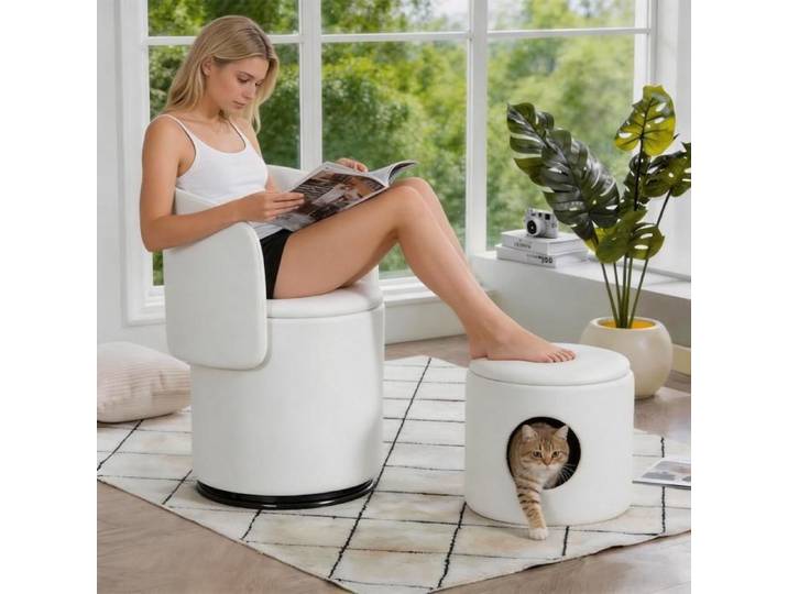 Fauteuil d'appoint - WESTYLE - Fassstuhl - 360° pivotant silencieux - Rangement intégré - Velours blanc