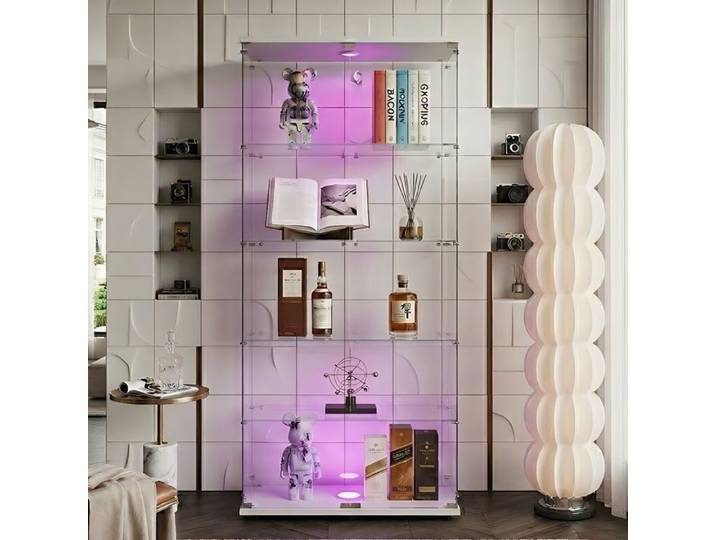 Vitrine d Exposition 164cm - 2 Portes 4 Etageres - Eclairage LED Ambiance - Verre Trempe Haute Robustesse - Blanc