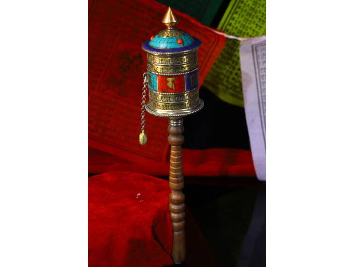 Collection de temple tibétain, vieux cinabre en bronze, mosaïque turquoise, gemme, six mots, proverbes, roue de prière, ancienne écriture, maison de ville, 12 po