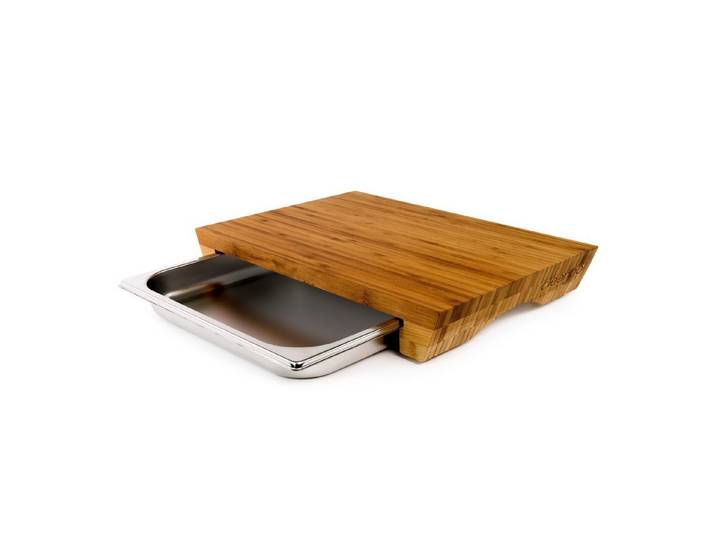 cleenbo Schneidebrett mit Auffangschale - Profi Holz Küchenbrett aus Eiche - 43 x 29 x 7 cm, Holz, Antibakteriell, Holzbrett mit Auffangschale aus Edelstahl
