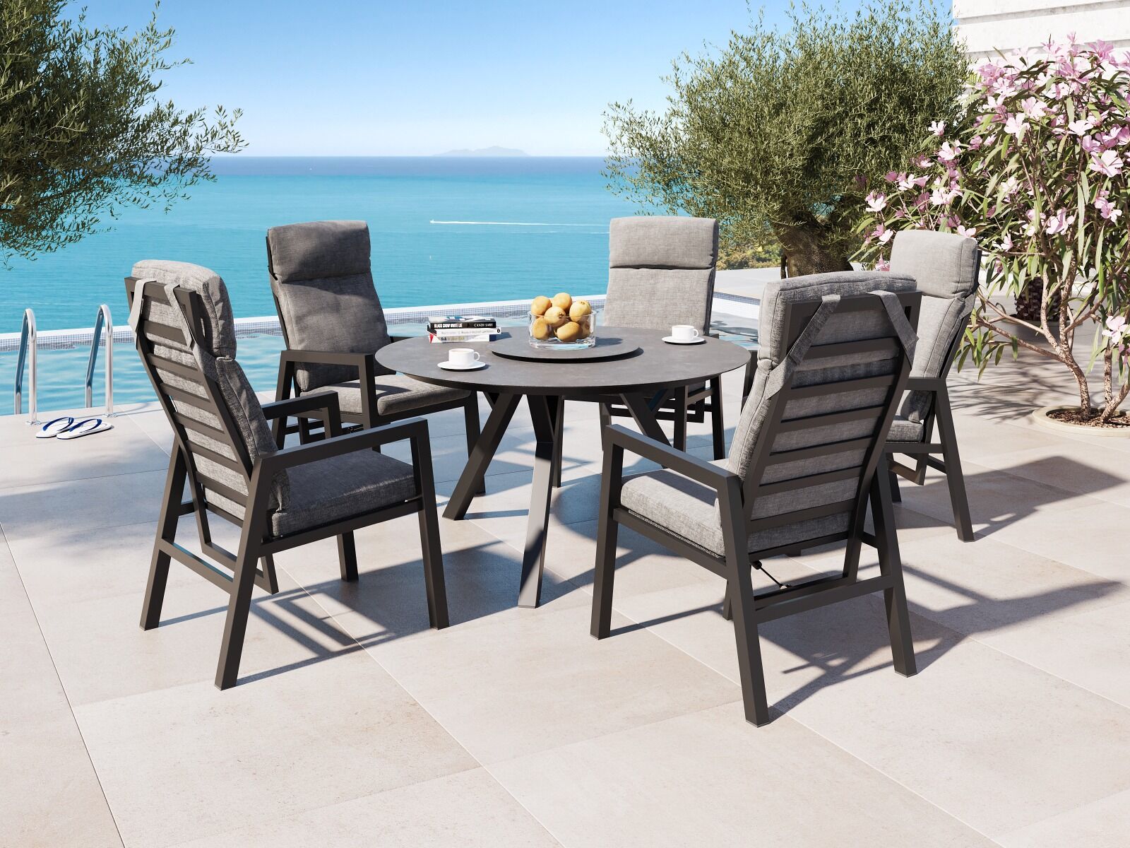 Jamaica Rund Havemøbelsæt Bord 135 Cm Og 5 Recliner Stole I Antracit Aluminium
