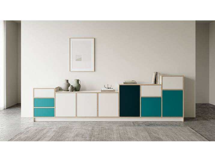 Commode moderne avec portes colorées sur mesure Mélaminé premium Blanc Bord contre­plaqué