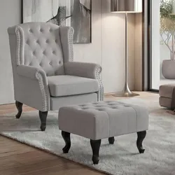 Sessel Chesterfield Oxford, Relaxsessel Clubsessel Ohrensessel, wasserabweisend Stoff/Textil ~ grau mit Ottomane