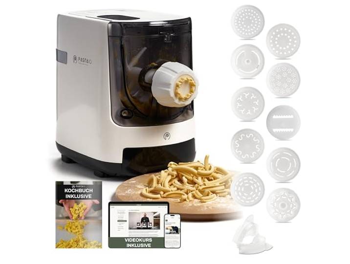 PASTAIO Nudelmaschine mit 11 Formen. Elektrische Nudelmaschine, integrierte Waage, schnelle Extrusion, bis zu 800g Nudeln, bis zu 15 verschiedene Nudelsorten Classe Italy