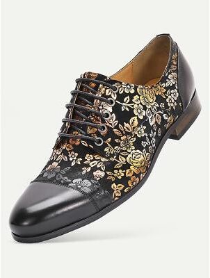 LightInthebox Men's Elegant Leather Wedding Shoes - Black with Gold Floral Pattern, Premium Quality Footwear for Weddings and Formal Celebrations