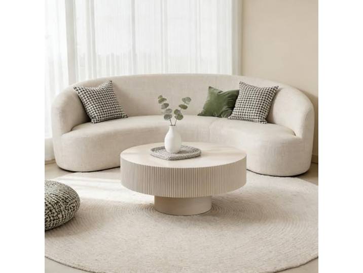 YYZIWYUN Runder, Geriffelter Couchtisch Fürs Wohnzimmer Runder Couchtisch Im Mid-Century-Modern-Stil Beistelltisch Im Landhausstil Mit Geriffelter Form Ideal Für Kleine Wohnungen,Creamy