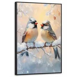 LEINWAND Bilder mit Rahmen - Vögel - Zweig - Winter - Schnee - 60x90