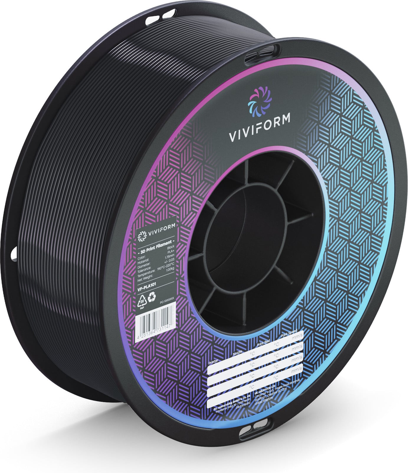 Viviform PLA+ filament voor 3D-printers, 1 kg, diameter 1,75 mm, zwart