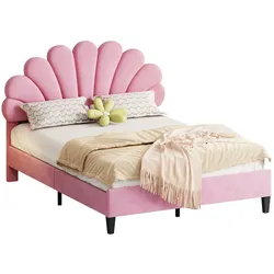 Polsterbett 140x200 aus Samt mit Blumen-Kopfteil – elegantes Design in Rosa für hohen Komfort und stabile Lattenunterstützung