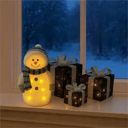 Gravidus LED Schneemann mit 3er Set Geschenkboxen warmweiß Timer schwarz silber