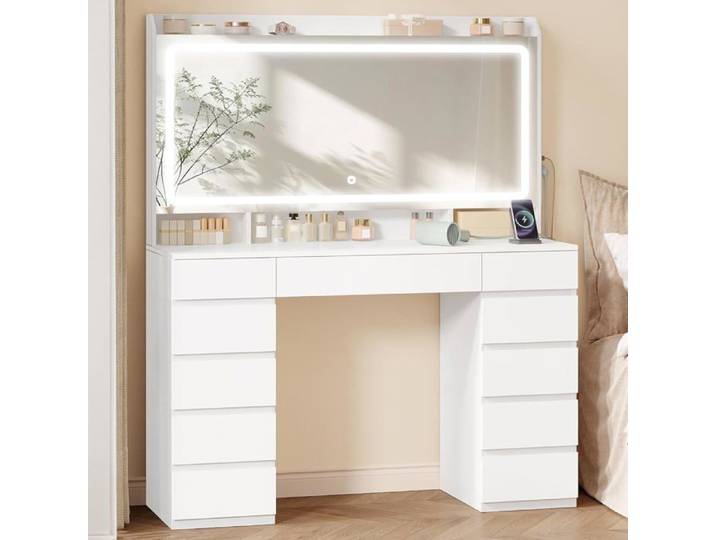 Hzuaneri Coiffeuse DT43003XEU Miroir HD 3 Lumières LED réglables 11 Tiroirs 39x108x144 cm Blanc pour Chambre
