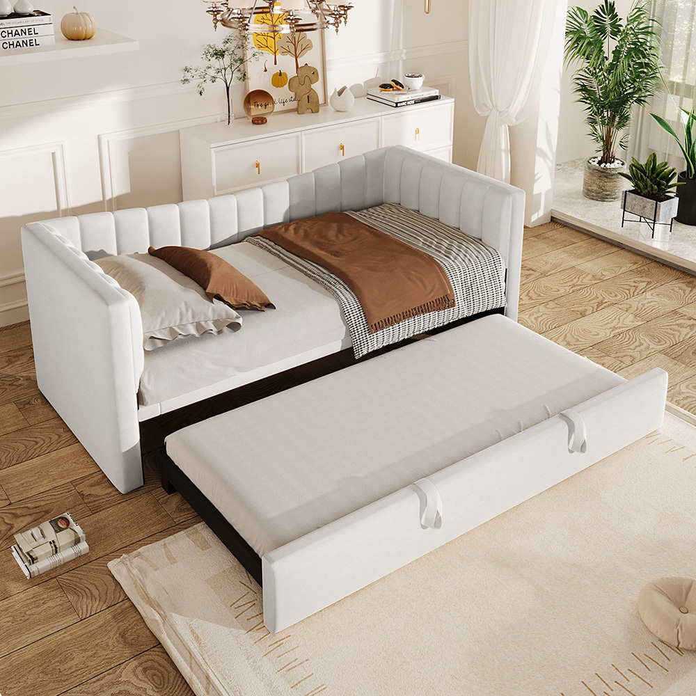 Sweiko Daybett 90 x 200 cm ,180 x 200 cm,Polsterbett mit Ziehbett, Sofabett, Einzelbett, Doppelbett Samt, Weiß,Ohne Matratze