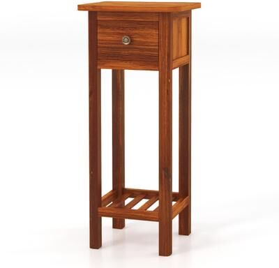 Costway 2 Tier Slim Nightstand Bedside Table with Drawer Shelf-Brown