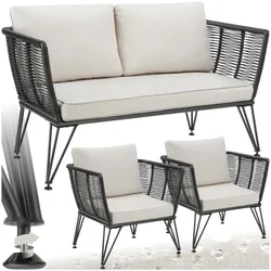 tectake® Garten-Loungeset, Polyrattan im Rope-Design, abnehmbare Polyesterbezüge, höhenverstellbare Füße