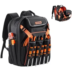 VEVOR Werkzeugrucksack, 45 Taschen, Werkzeug-Aufbewahrungs-Organizer, Backpack mit Laptopfach und verstärktem Stoffboden, Werkzeugtasche, Baustellenrucksack für Elektriker, Handwerker