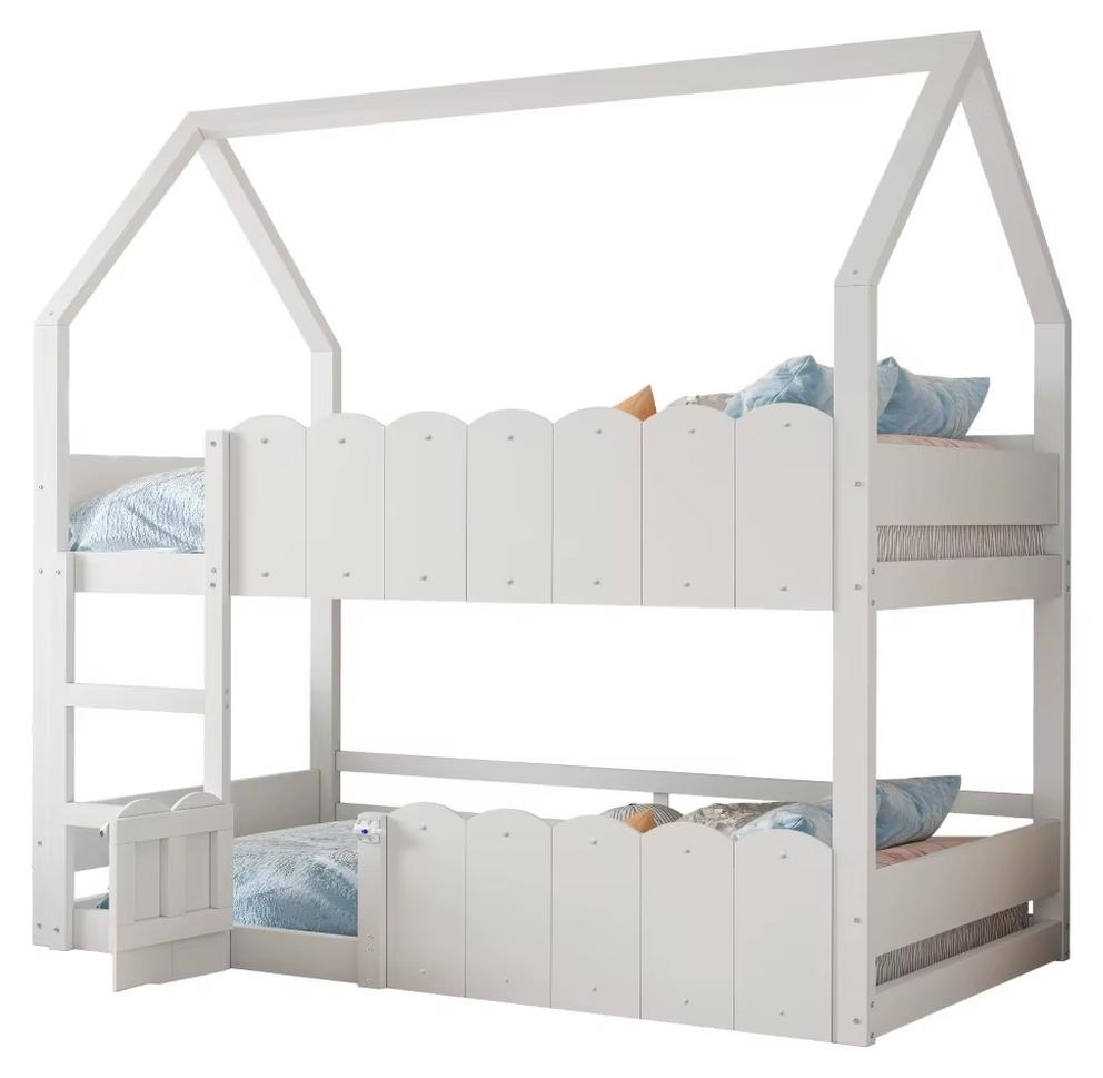 Kinder-Etagenbett - Hausdesign - 90 x 200 cm - Holz - Sicherheitsgeländer - Oberes Gitter - Weiß
