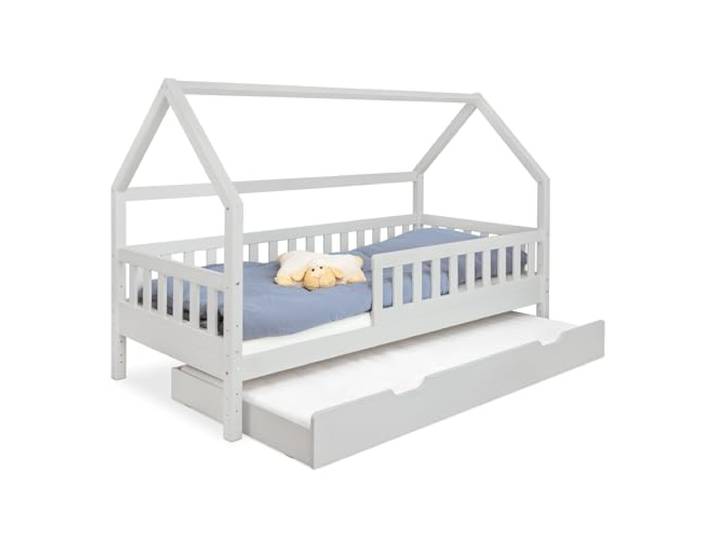 Ehrenkind® Hausbett Lille Kinderbett mit abnehmbaren Rausfallschutz aus Massivholz FSC® zertifziert inkl. Bettkasten Hausbett 90x200 Kinderbett 90x200 Grau