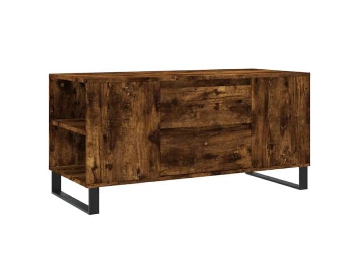 KUTYWEXFM Couchtisch Räuchereiche 102x44,5x50 cm Holzwerkstoff Metall Viel Stauraum im Wohnzimmer durch zwei Schubladen und vier Fächer für Zeitschriften und Zubehör.