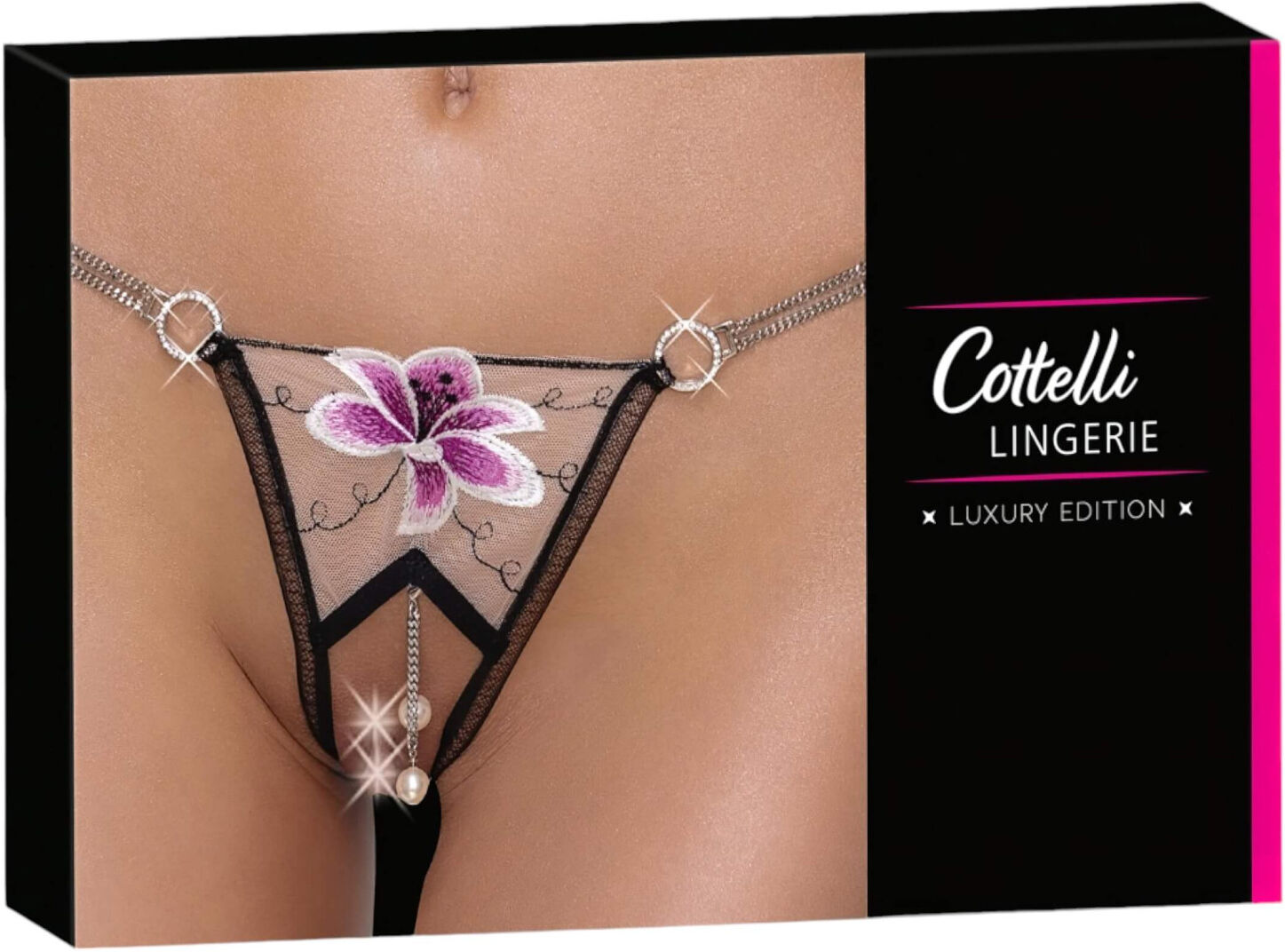 Cottelli - Luxury Embroidered Lily Thong (Black & White)