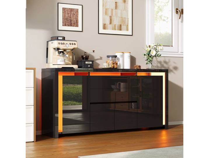 Buffet noir brillant avec LED - LUMINARIX - Buffet de salon - 4 portes - 2 tiroirs - MDF 160x35x75cm