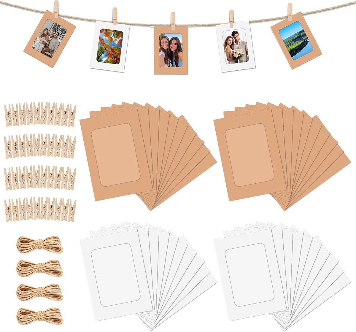 Set van 40 papieren fotolijstjes voor muurdecoratie - Wit Bruin