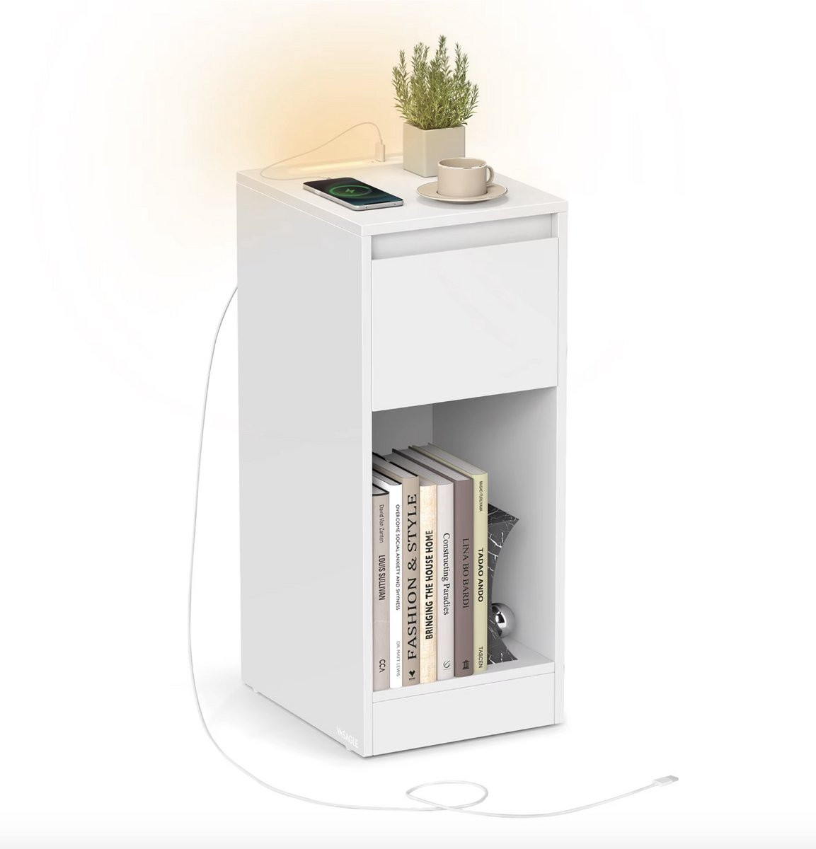 J&R Nachtkastje met geïntegreerde verlichting en USB-poorten, Wit, B: 25 cm, D: 30 cm, H: 59,5 cm