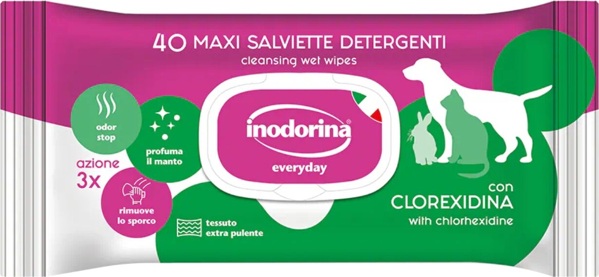 Inodorina Salviette Detergenti Umidificate per Cuccioli Cani e Gatti con Clorexidina Everyday 40 pz