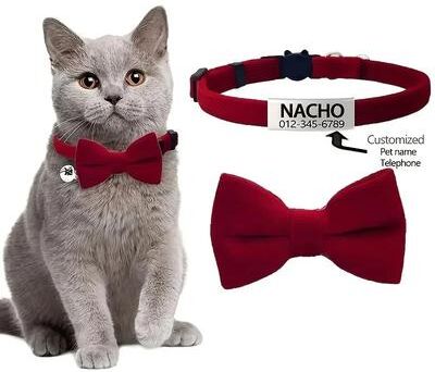 Uplift Essentials Customizable Engraved Cat Bow Tie & ID Collar Set red