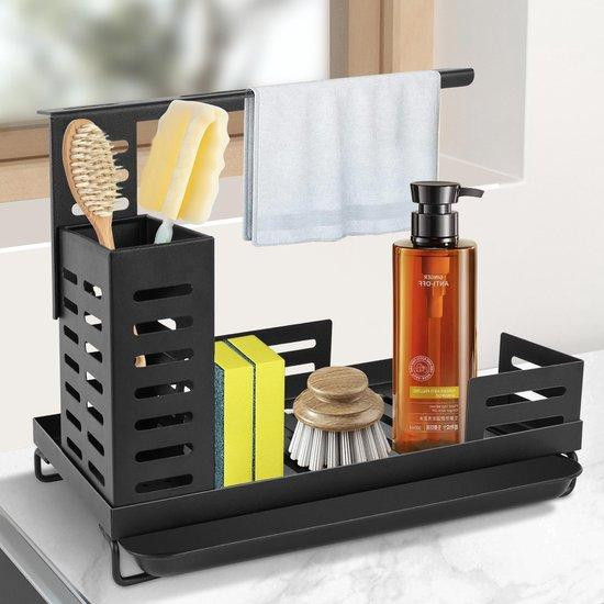 Benza Ibenzoa Spoelbakorganizer van koolstofstaal met verstelbare handdoekhouder en afvoerschale, B/D/H: 24,5 x 14,7 x 21,5 cm