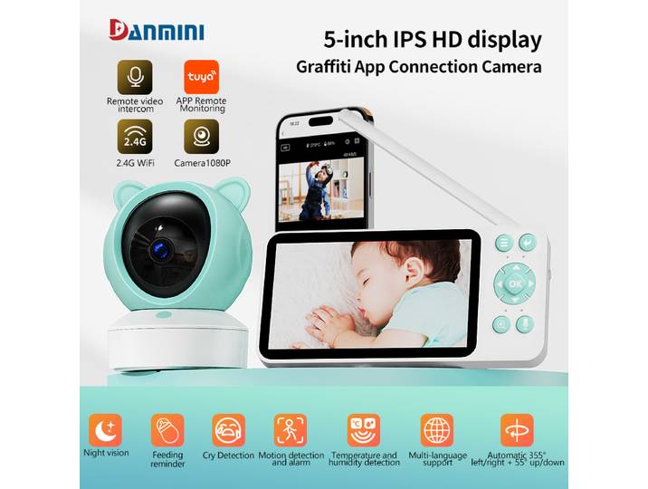 Danmini 2.4G 5 pouces bébé moniteur Tuya App télécommande 1080P caméra vidéo interphone bidirectionnel détection de mouvement moniteurs sans fil