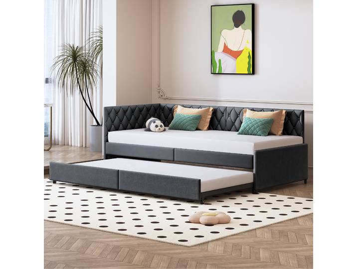 Rosahqnda Lit de repos rembourré 90 x 200 cm avec lit gigogne, lit simple, canapé-lit, cadre de lit de repos avec sommier à lattes