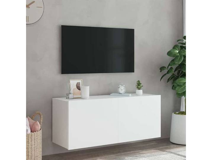 NEUF Armoire TV - Blanc - Meuble TV/HIFI - Montage mural - avec lumières LED - blanc 100x35x41 cm TT2446