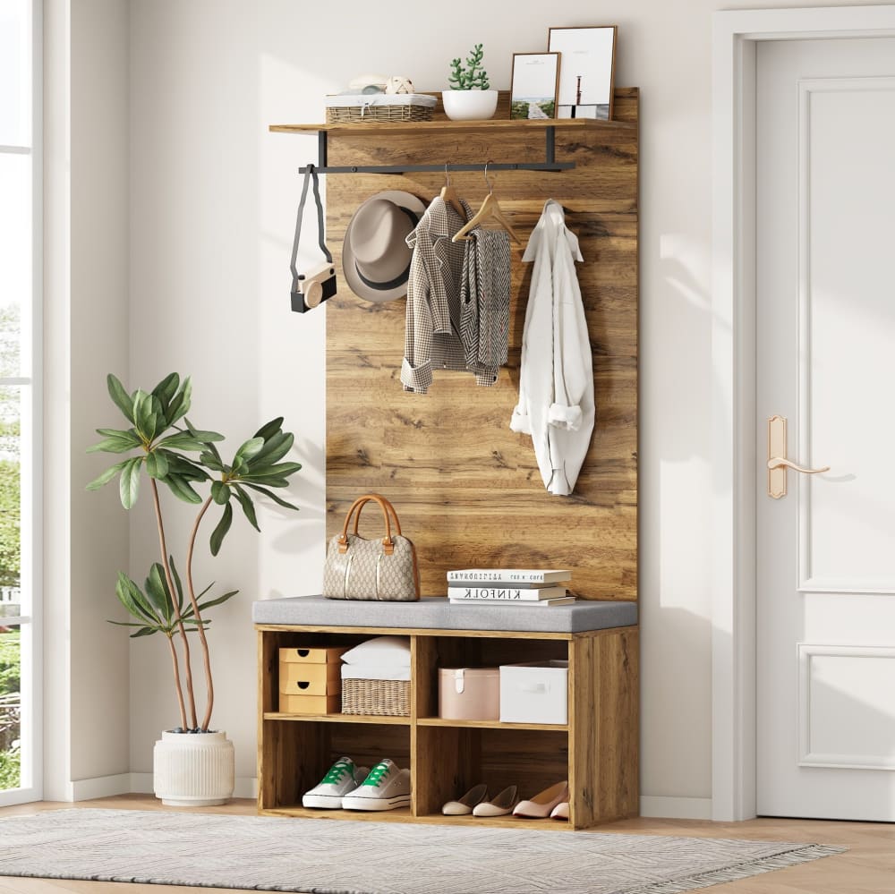 MODFU Meuble d entrée de 175 cm avec banc à chaussures, étagère, chêne Marron 84x175x37cm