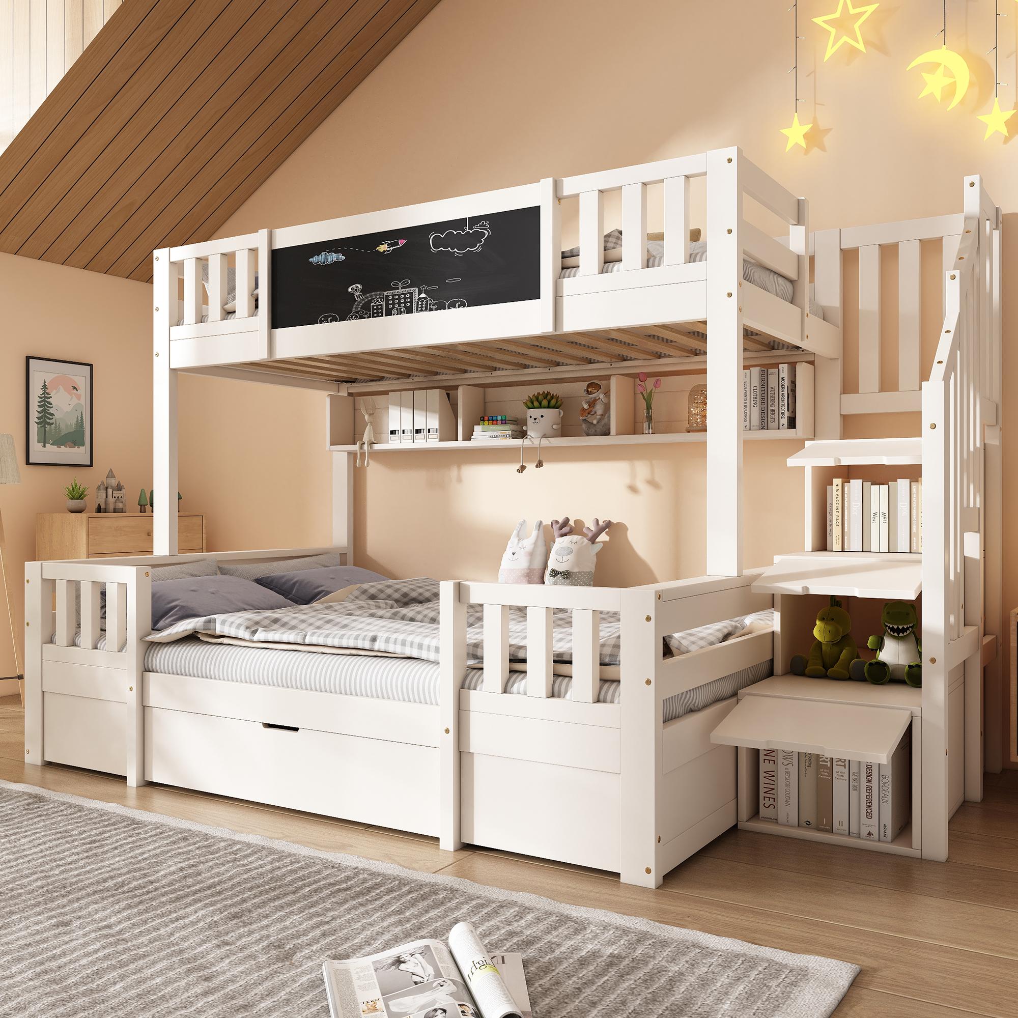 Etagenbett für 3 Kinder, 90x200/140x200, Massivholz, Kreidetafel, Stauraum-Treppe, Schubladen, Leiterschrank.