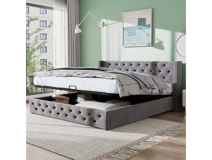 Structure de lit double - lit avec rangement 140 x 200 cm - tissu velours - gris - élégant et raffiné - avec tête de lit