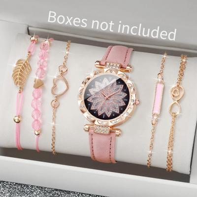 Uplift Essentials 6 Piece Fashion Heart Dial Watch Set Elegant Leather Band & Leaf Bracelet Collection pink B