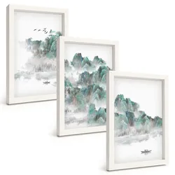 BILDER SET 3er Set - 20x30 cm Weißer Rahmen - Berge, Wolken, Vögel, Boot, Japandi