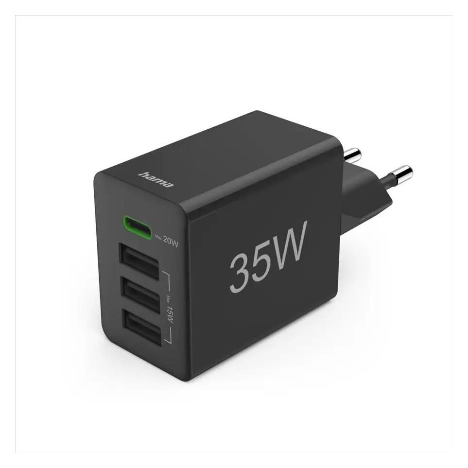 Hama Schnellladegerät, 1x USB-C PD, 3x USB-A, Mini-Ladegerät, 35W, Schwarz (35 W, 4 Ports) (00201990)