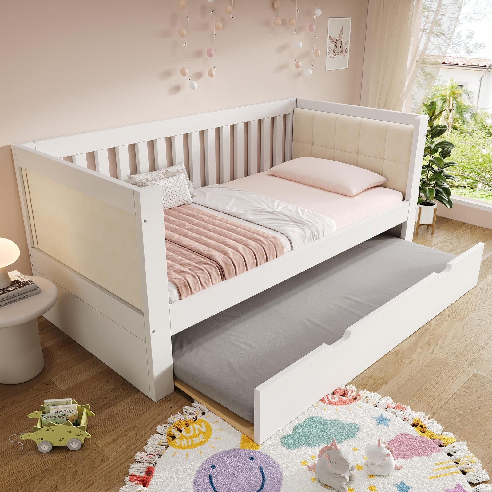 MODFU Kinderbed met uitschuifbaar bed en houten lattenbodem, wit, 90 x 200 cm