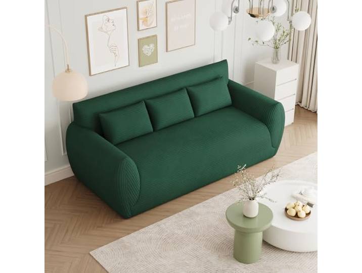 Vesgantti Cord 3 Sitzer Sofa, Montagefrei, 200 cm lang, Compressed Sofa mit 3 Stützkissen für Wohnzimmer, Schlafzimmer (Dunkelgrün, Dreisitzer)