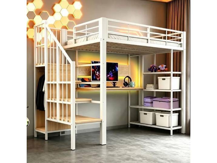 Lit Mezzanine - SOGEU - Lit mezzanine avec bureau et escalier - 90x200 cm - Bureau & rangements - LED + prises