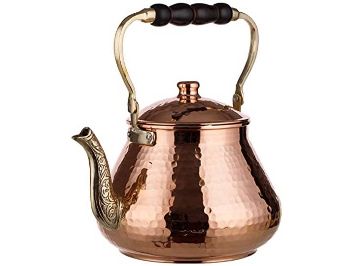 DEMMEX Handgefertigte, schwere 1 mm dicke, natürliche türkische Kupfer-Teekanne, Wasserkocher, Herd-Teekanne, massives gehämmertes Kupfer, große 3,1 Qt – 1,2 kg (gehämmertes Kupfer)