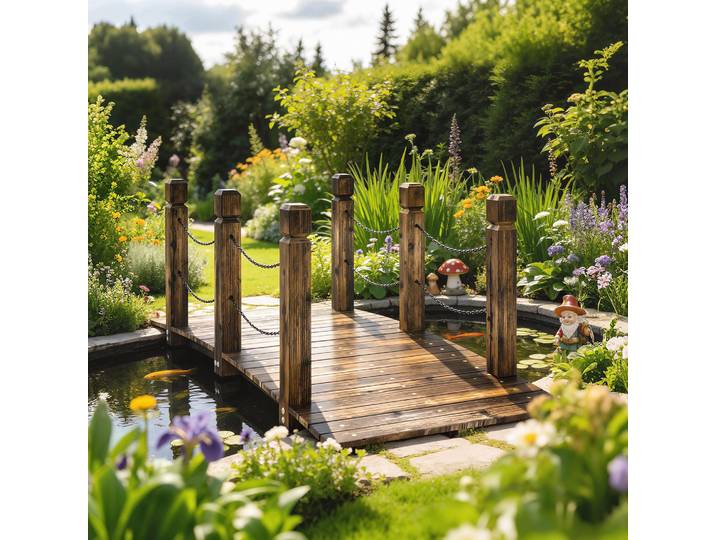 Outsunny Pont de Jardin Bois 1,51m Rustique avec Rampes