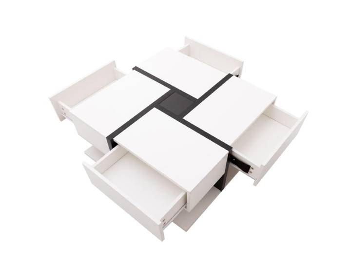 Table basse carrée blanche avec 4 tiroirs 78 x 78 x 36 cm