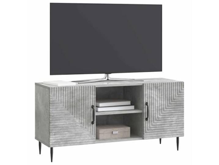 GKHPYURE TV-Schrank grau Beton 102 x 34,5 x 50 cm Holzkonstruktion, Vintage-Stil, konische Metallbeine, verstellbare Einlegeböden, schwarze Griffe