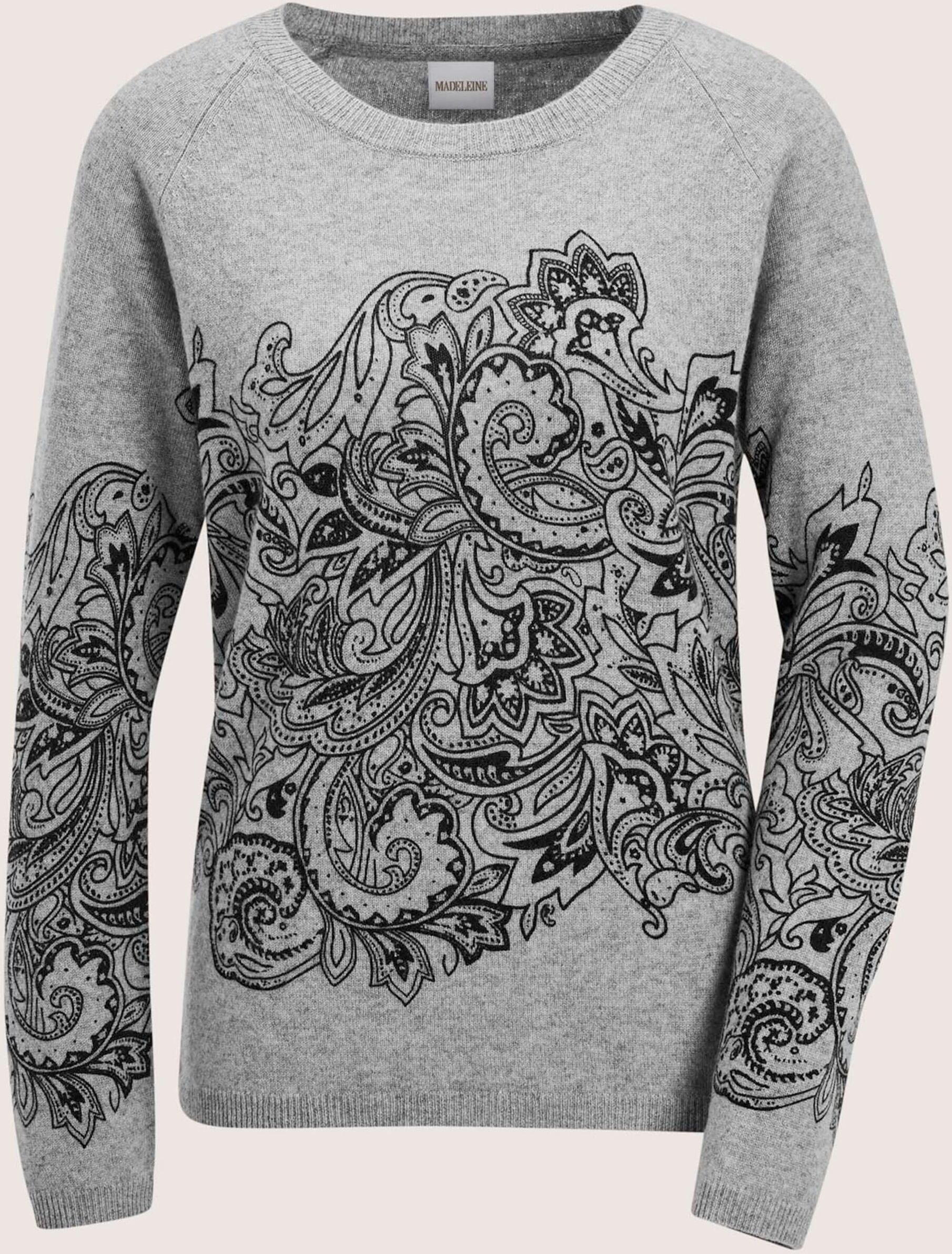 Longpullover MADELEINE "Kaschmirpullover Kaschmirpullover mit einzigartigem Print", Damen, Gr. 36/38, grau (silbergrau, schwarz), Obermaterial: 100% Kaschmir WS., Modern, normal, Pullover Longpullover, Wertvoller Druck auf Kaschmir