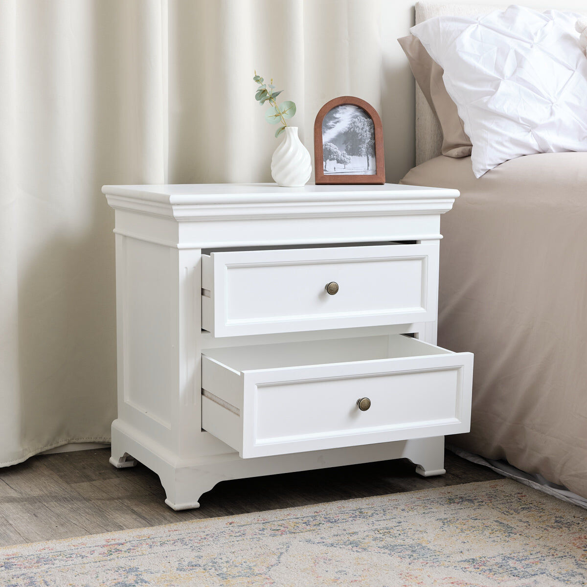 Pair Of Large White Two Drawer Bedside Tables - Daventry White Range Wood, Metal