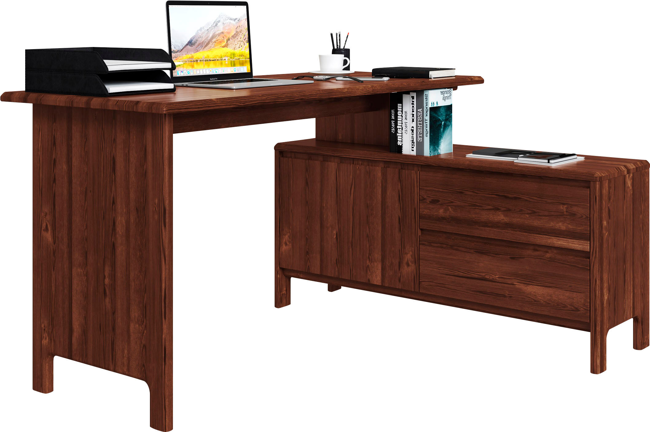 Schreibtisch GOODPRODUCT "Luven, aus Massivholz", braun (dunkelbraun), B:140cm H:76cm T:60cm, Tische, Schreibtisch, in 2 Breiten, variable Nutzung als Schreibtisch oder Eckschreibtisch dunkelbraun B/H/T: 140cm x 76cm x 60cm, 1 Tür